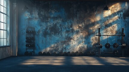 The high-definition dark concrete gym wall background creates a strong industrial atmosphere. Suitable for fitness related designs, featuring rough textures and minimalist style in fitness scenes.