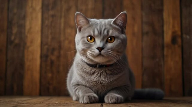 A gray cat sits on a wooden surface,