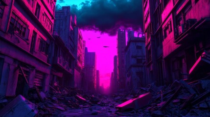 Post-apocalyptic slums, neon-lit alleyways, futuristic debris, dark skies overhead