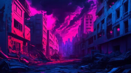 Post-apocalyptic slums, neon-lit alleyways, futuristic debris, dark skies overhead