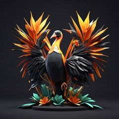 Low poly 3d illustration of a birds of Paradise in metaverse 3d, black background. generative ai.
