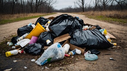 Trash Bags and Debris on a Rural Roadside

