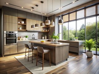 Obraz premium Modern Kitchen Design in Silhouette: Realistic 3D Rendering of Contemporary Kitchen Spaces