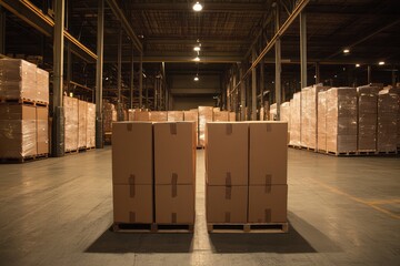 Cardboard Boxes in Warehouse. AI generated illustration.