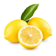 Macro Shot of Flawless Fresh Lemon Fruits with Leaves on White Background