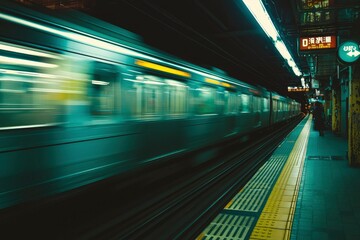 Blurred Train Departing From a Platform in Tokyo