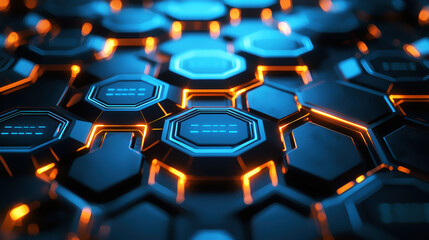 Obraz premium 3D-rendered AI network shielded by hexagonal firewalls and safety protocols, abstract tech background, AI security, protection system