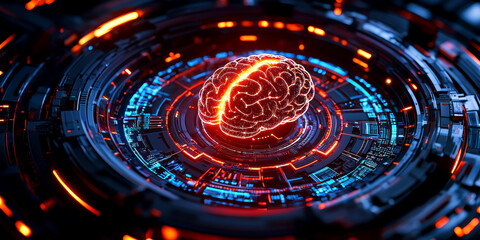 Obraz premium AI algorithm represented as a glowing brain inside a 3D firewall, layers of security protocols around, AI firewall, secure network