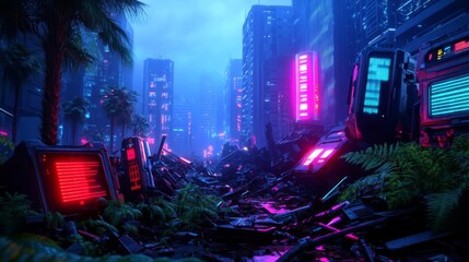 Slats personalizados com sua foto Ruined futuristic metropolis, advanced tech debris, overgrown vegetation, neon glow