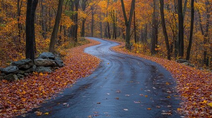 Fototapeta premium picturesque winding road enveloped by a vibrant autumn forest with fallen leaves carpeting the path showcasing the beauty of nature in transition and inviting exploration