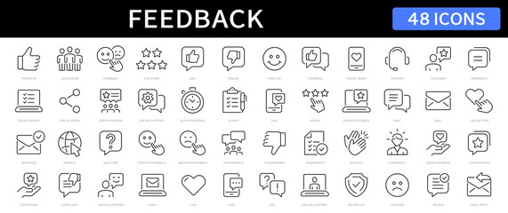 Naklejka premium Feedback thin line Icons set. Testimonials, rating, like, dislike, feedback, survey editable stroke icons. Vector illustration