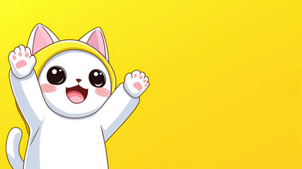Fototapeta premium Cute chibi cat in white onesie with yellow hood, joyfully waving its paws against bright yellow background, radiating happiness and playfulness