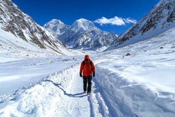 A lone figure walking through snow-covered mountains, bundled up in winter gear