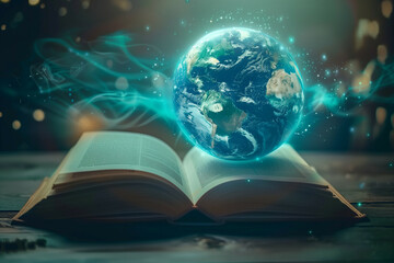 Obraz premium A striking image depicting an open book with a luminous Earth emerging, surrounded by mystical blue light and stars on a wooden table