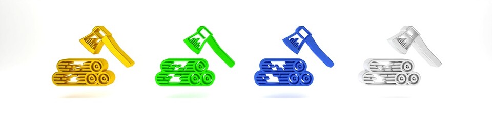Colorful Wooden axe and wood icon isolated on white background. Lumberjack axe. Minimalism concept. 3D render illustration