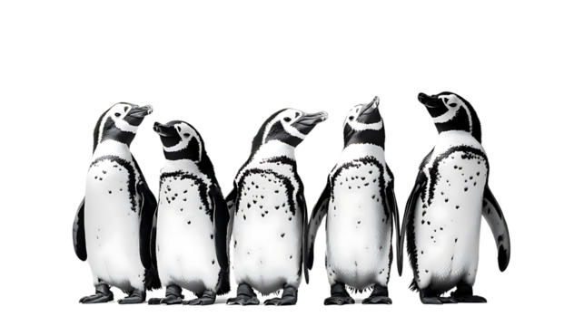 Playful group of five penguins standing in line, showcasing their unique black and white patterns. Their cheerful demeanor adds lively touch to any setting