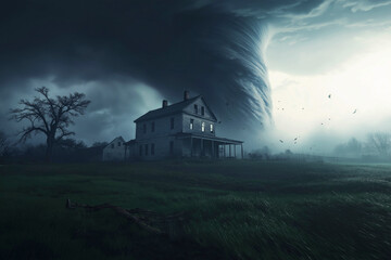 A huge tornado swirls around an old farmhouse. Natural phenomenon, disaster. Advertising banner.