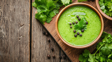 vibrant green soup garnished with fresh coriander and black pepper, served in rustic bowl. natural ingredients create healthy and appetizing dish