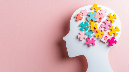 creative representation of white paper cutout head silhouette filled with colorful puzzle pieces, symbolizing complexity of thoughts and emotions