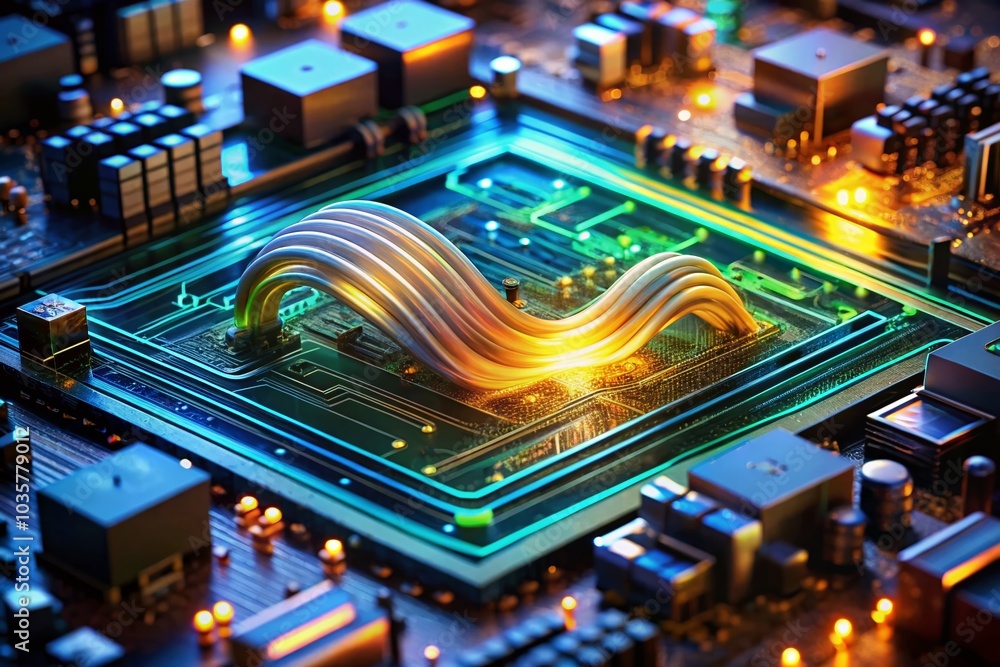 Poster modern technology circuit board waves flowing in quantum explosion for tech background design