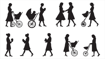 Vector silhouette of collection of people with baby carriage on white background. Symbol of family.
