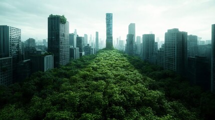Obraz premium Ruined skyscrapers, lush overgrowth, remnants of advanced civilization, cyber remnants