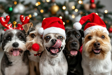 This playful image features a group of five adorable dogs dressed in festive Christmas attire, capturing a joyful holiday spirit