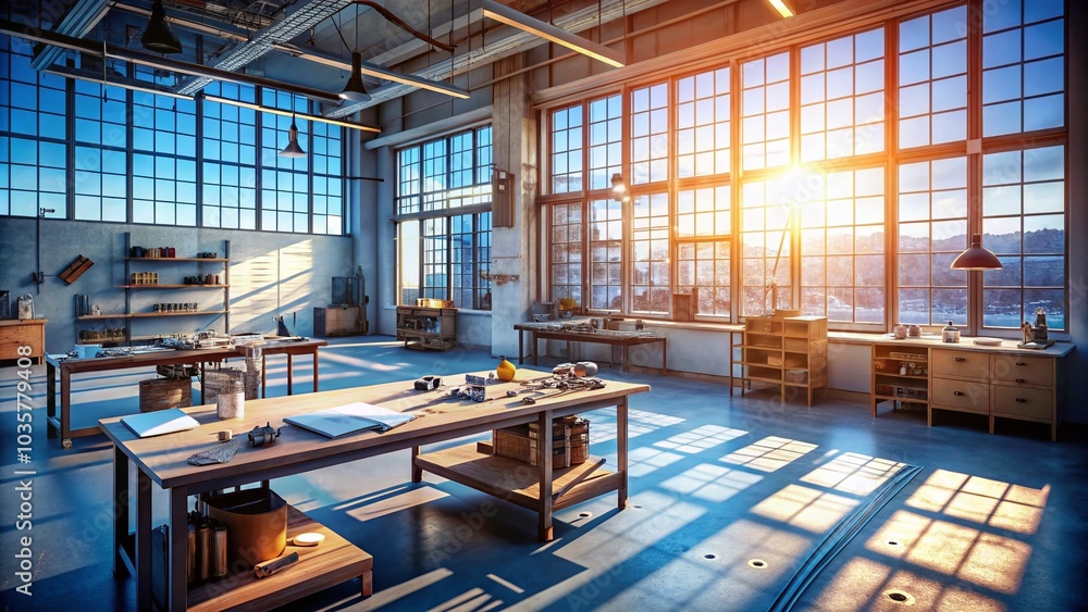 Poster modern workshop blueprint with natural light and bokeh effect for creative design inspiration