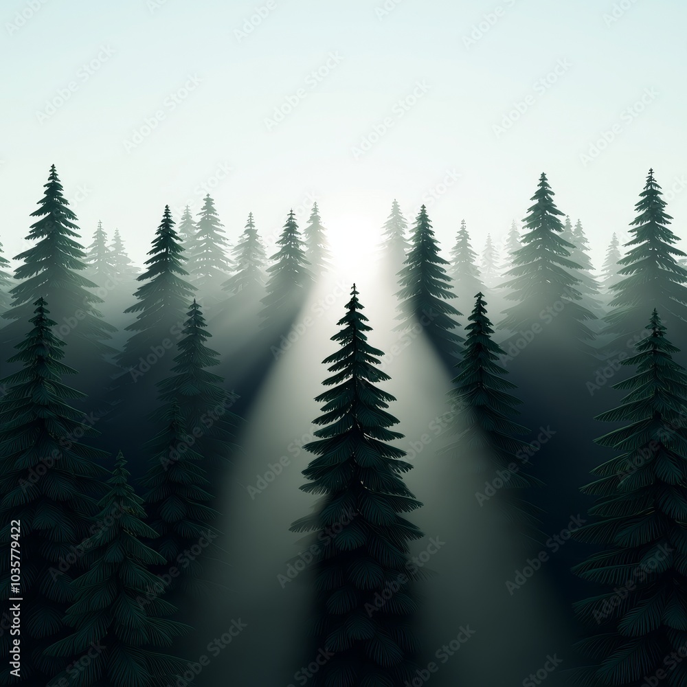 Poster a serene forest scene with tall pine trees bathed in soft light, creating a tranquil atmosphere fill