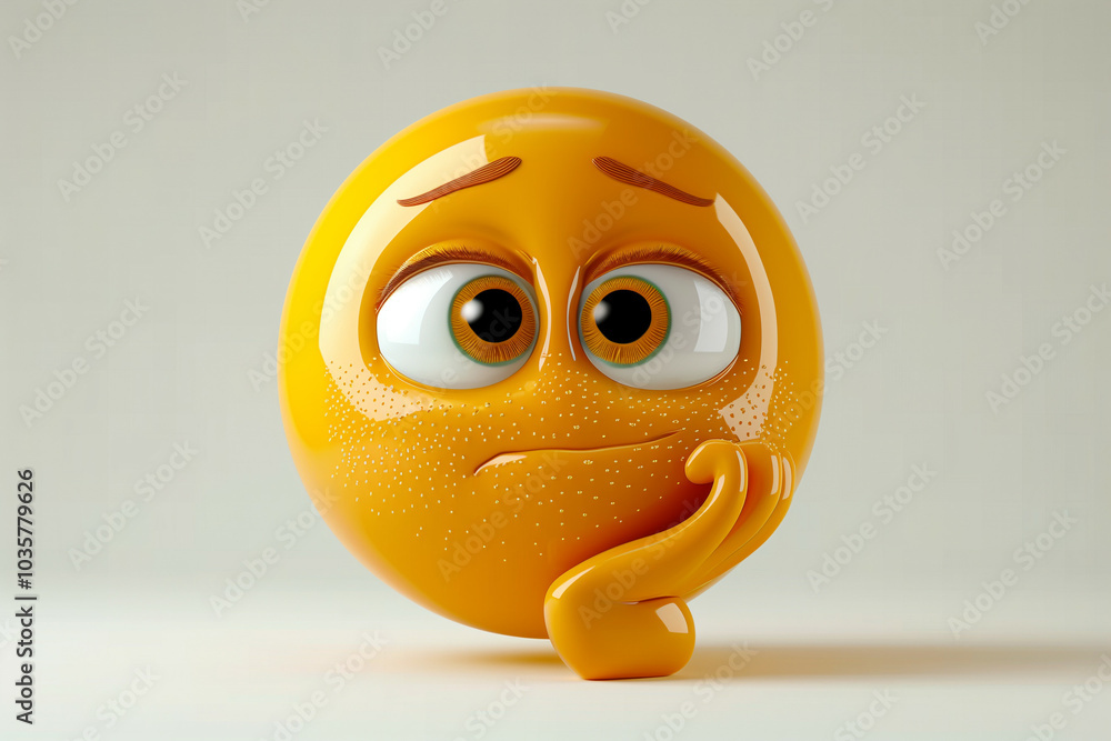 Poster a 3d rendering of a thinking emoji characterized by large expressive eyes and a hand on its chin on 