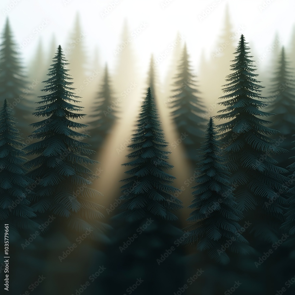 Poster a serene forest scene with tall pine trees illuminated by soft rays of light filtering through the m