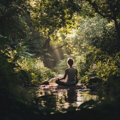Finding inner peace meditating in a serene forest stream environment