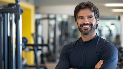 confident male sports coach stands in gym, smiling warmly. He wears dark athletic top, surrounded by fitness equipment, creating inspiring and motivational atmosphere