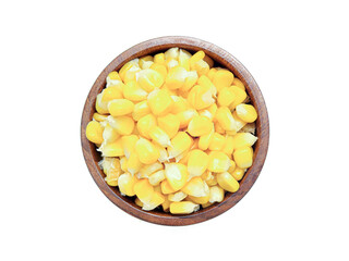 Fresh corn seeds in wooden bowl isolated on white background. top view.