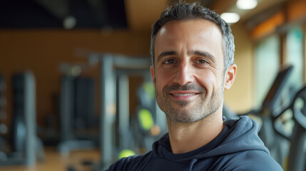 Obraz premium confident man in gym setting, wearing hoodie, smiles warmly. background features exercise equipment, suggesting fitness environment. lighting is soft and natural