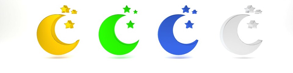 Colorful Moon and stars icon isolated on white background. Minimalism concept. 3D render illustration