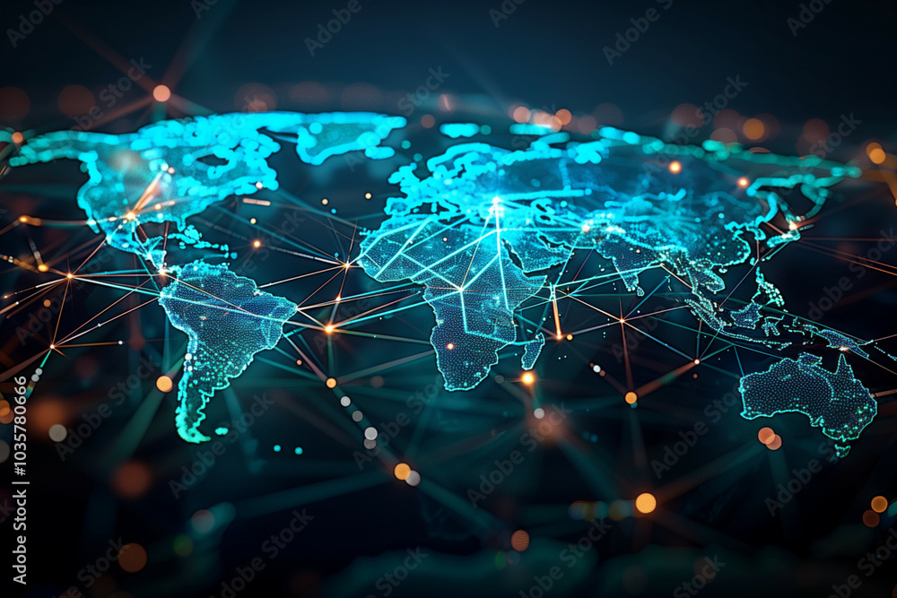Poster a detailed and intricate digital illustration of a glowing world map with connected nodes and vibran