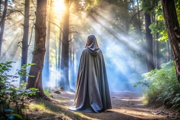 Naklejka premium Mysterious Cloaked Figure in Foggy Forest - Urban Exploration Photography