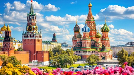 Fototapeta premium Scenic view of the Kremlins red-brick walls and the Spasskaya Tower against a blue sky.