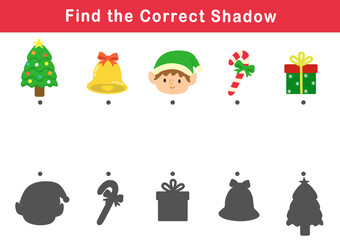 Find the correct shadow of the cute illustration of christmas. Educational logic game for children. Printable worksheet.