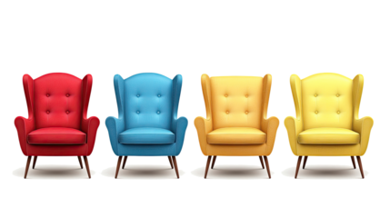 Colorful Red Blue and Yellow Armchairs on White Background Generative AI