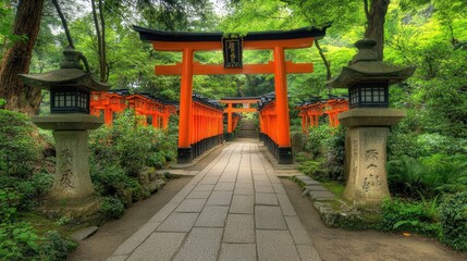 Obraz premium The ancient torii gates of Fushimi Inari Shrine in Kyoto, lined up in a seemingly endless path.