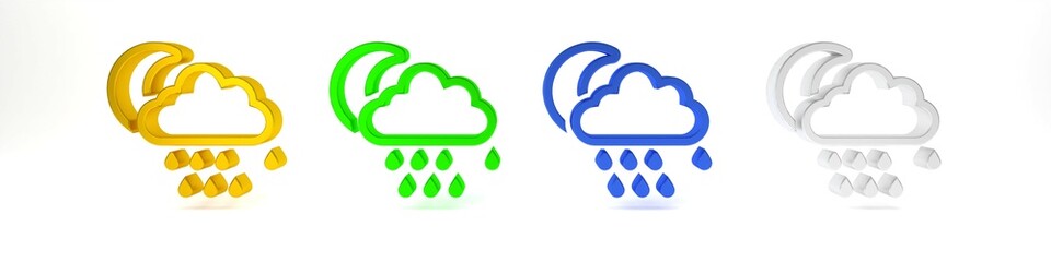 Colorful Cloud with rain and moon icon isolated on white background. Rain cloud precipitation with rain drops. Minimalism concept. 3D render illustration