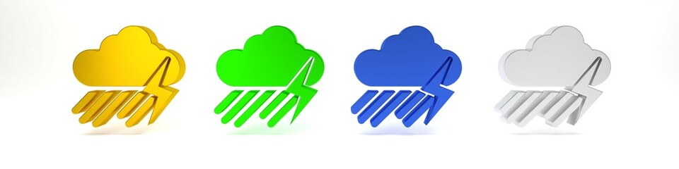 Colorful Cloud with rain and lightning icon isolated on white background. Rain cloud precipitation with rain drops.Weather icon of storm. Minimalism concept. 3D render illustration