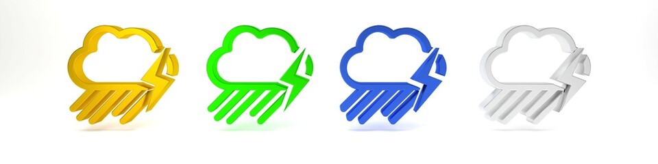 Colorful Cloud with rain and lightning icon isolated on white background. Rain cloud precipitation with rain drops.Weather icon of storm. Minimalism concept. 3D render illustration