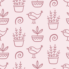 House plants in pots and birds seamless pattern