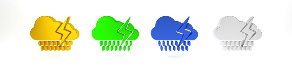Colorful Cloud with rain and lightning icon isolated on white background. Rain cloud precipitation with rain drops.Weather icon of storm. Minimalism concept. 3D render illustration