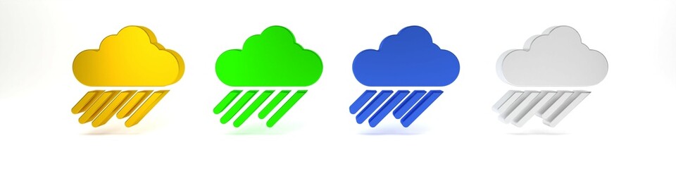 Colorful Cloud with rain icon isolated on white background. Rain cloud precipitation with rain drops. Minimalism concept. 3D render illustration