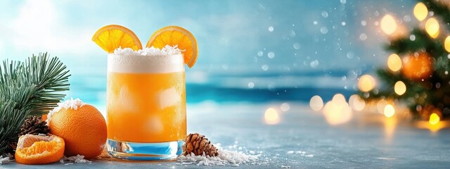 Tropical holiday cocktail with orange slices and coconut flakes, set in a festive beach scene
