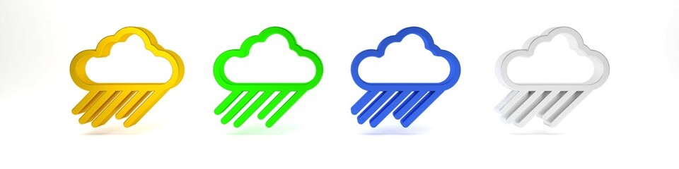 Colorful Cloud with rain icon isolated on white background. Rain cloud precipitation with rain drops. Minimalism concept. 3D render illustration